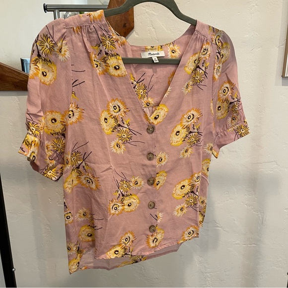 Madewell button front blouse pink and yellow floral dandelions - XS - Picture 8 of 10